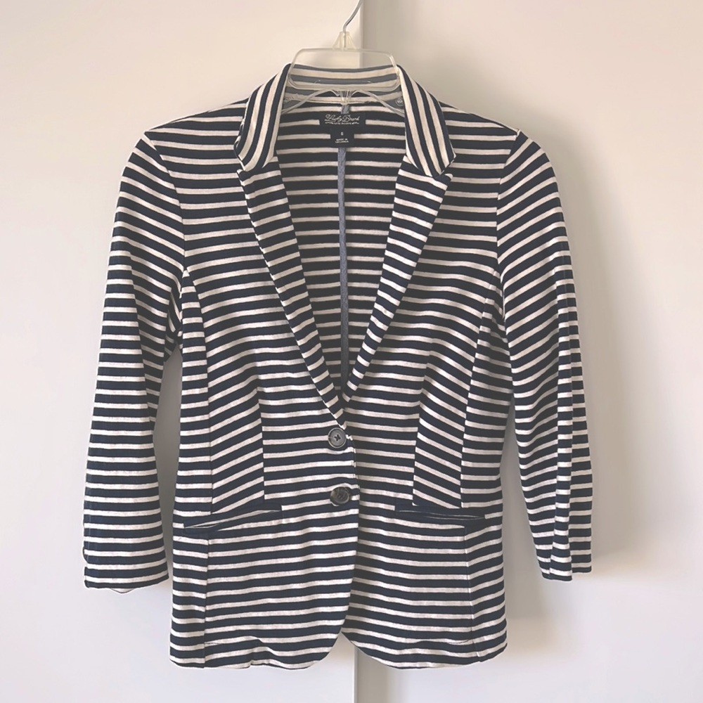 Lucky Brand navy blue and white striped jacket.